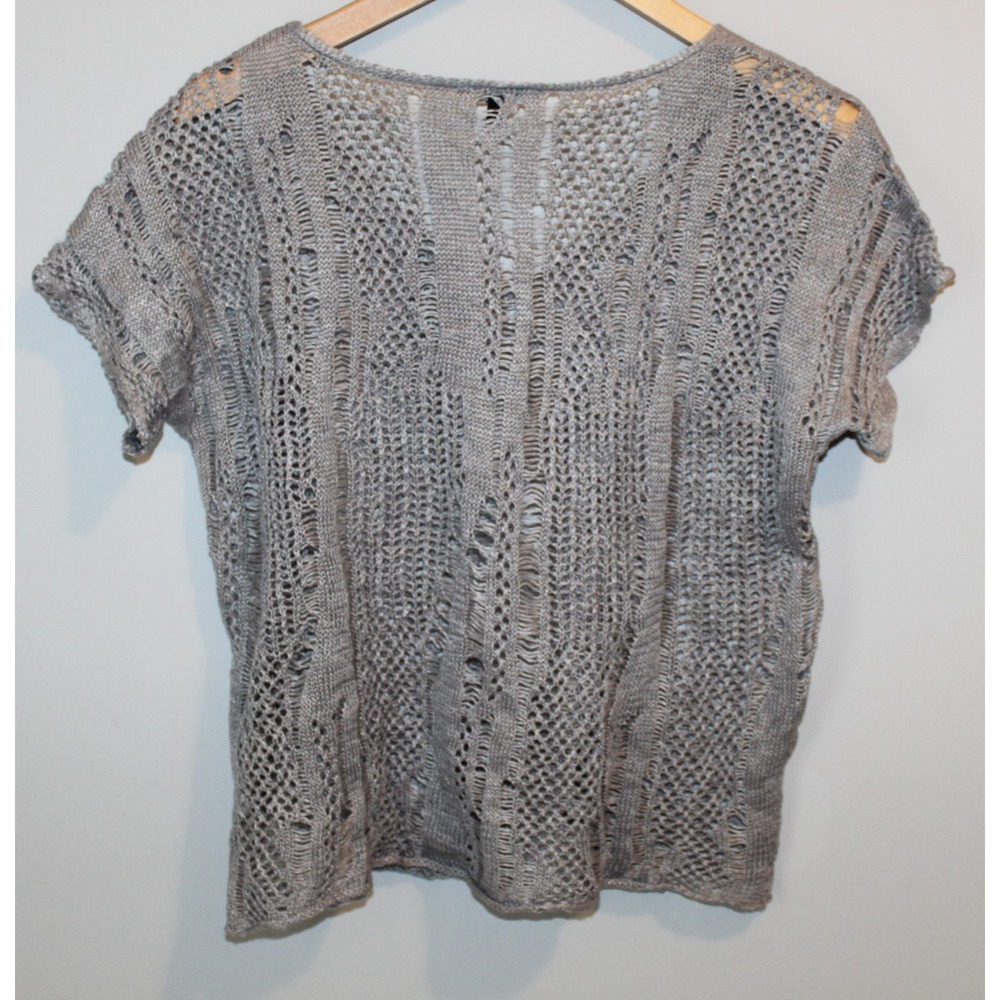 Eileen Fisher Open Knit V-Neck Short Sleeve Sweater Linen Metallic PP Petite Top - Picture 9 of 16